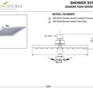 Luxury Ultra-Thin High Pressure 8'' Square Rainfall Shower head Brushed Satin Plus 8 inch Extension Arm Shower System and Accessories by Serene Steam