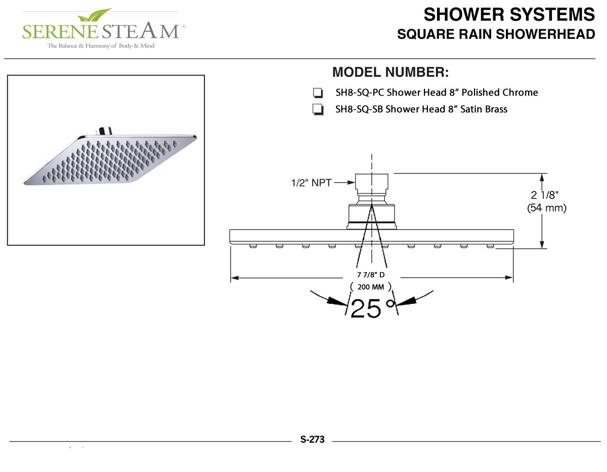 Luxury Ultra-Thin High Pressure 8'' Square Rainfall Shower head Brushed Satin Plus 8 inch Extension Arm Shower System and Accessories by Serene Steam