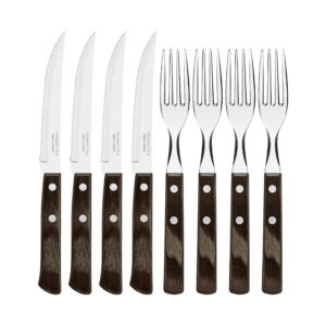 Tramontina Cutlery Set with Steak Knives, 8 Piece Sharp Knife and Fork Set with Wooden Handles, ‎Camping, Kitchen, Rustic, Dishwasher Safe, 29899296