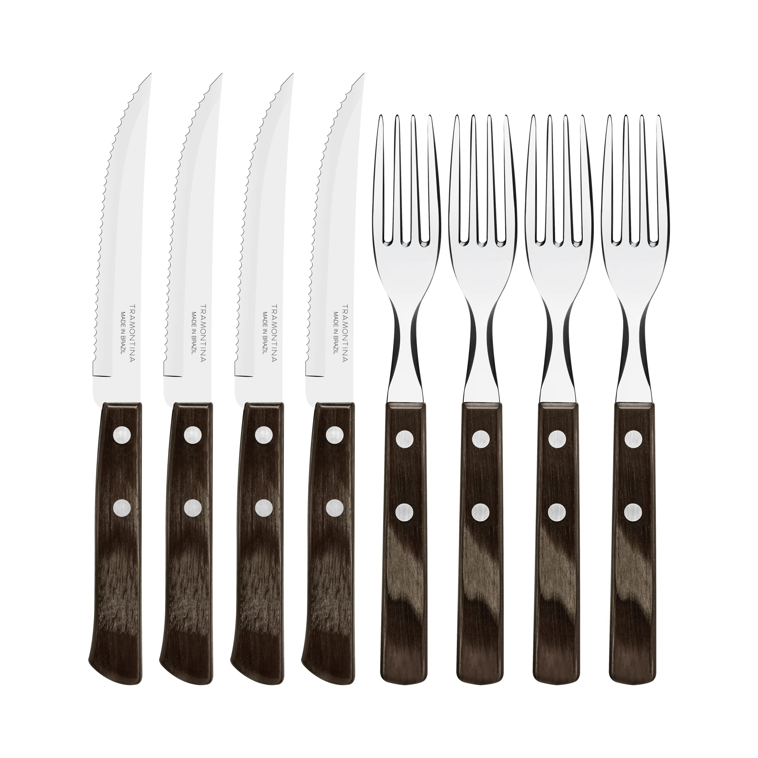 Tramontina Cutlery Set with Steak Knives, 8 Piece Sharp Knife and Fork Set with Wooden Handles, ‎Camping, Kitchen, Rustic, Dishwasher Safe, 29899296