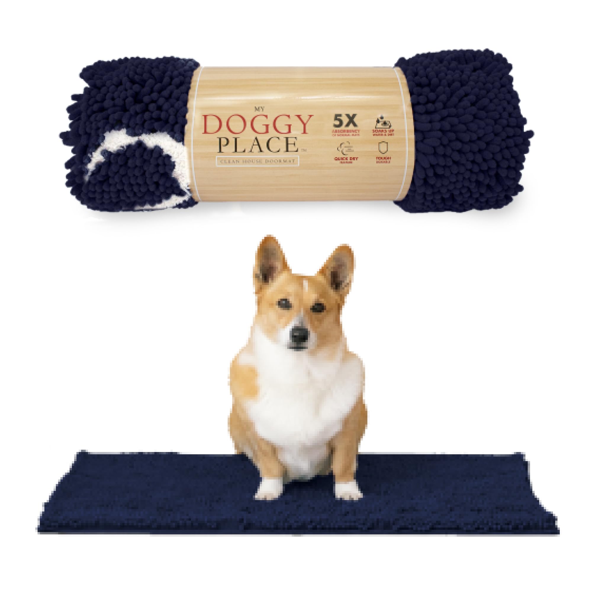 My Doggy Place Microfiber Dog Mat for Muddy Paws, 31" x 20" Navy Blue with Paw Print - Absorbent and Quick-Drying Dog Paw Cleaning Mat, Washer and Dryer Safe - Non-Slip Rubber Backed Pet Mat, Medium