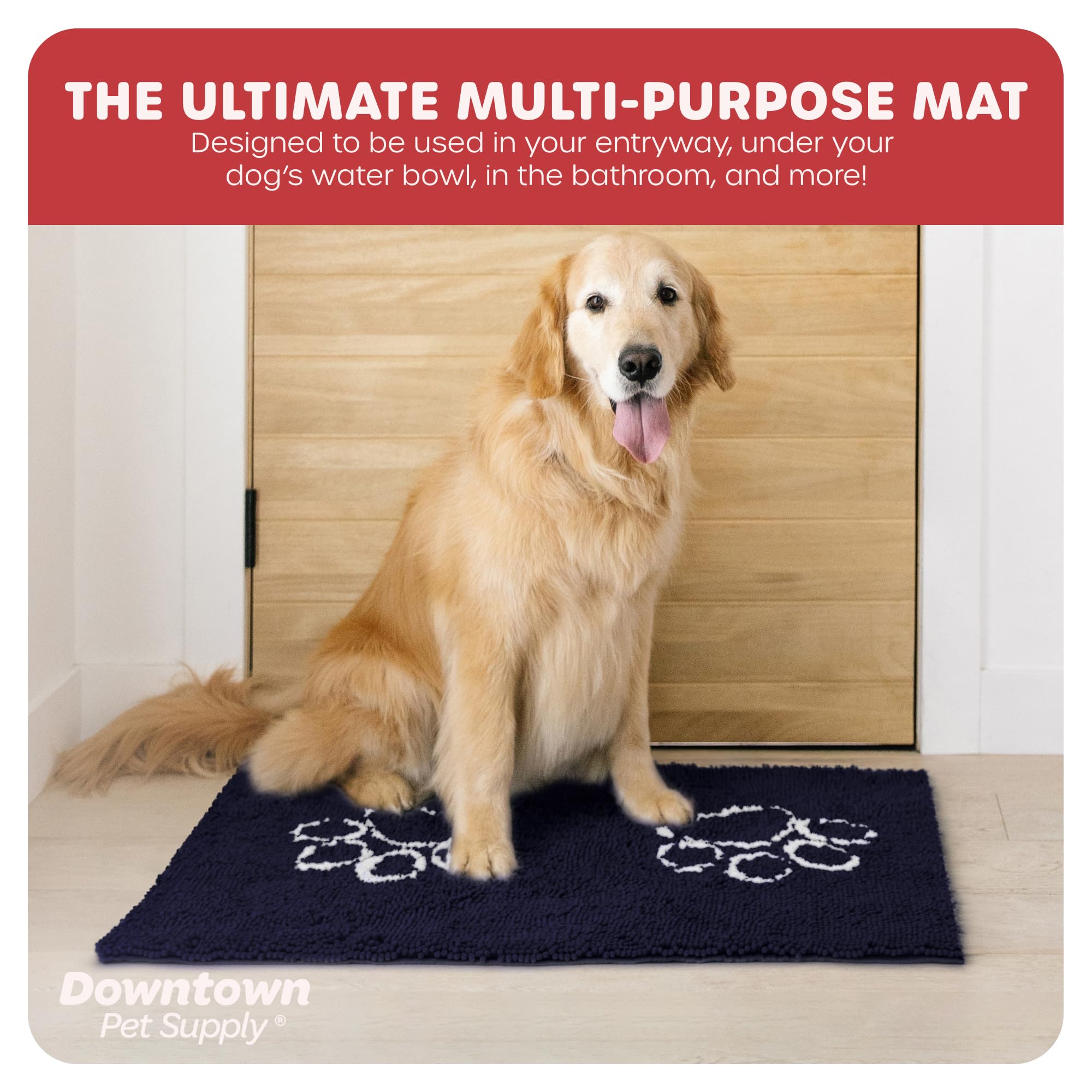 My Doggy Place Microfiber Dog Mat for Muddy Paws, 36" x 26" Navy Blue with Paw Print - Absorbent and Quick-Drying Dog Paw Cleaning Mat, Washer and Dryer Safe - Non-Slip Rubber Backed Pet Mat, Large