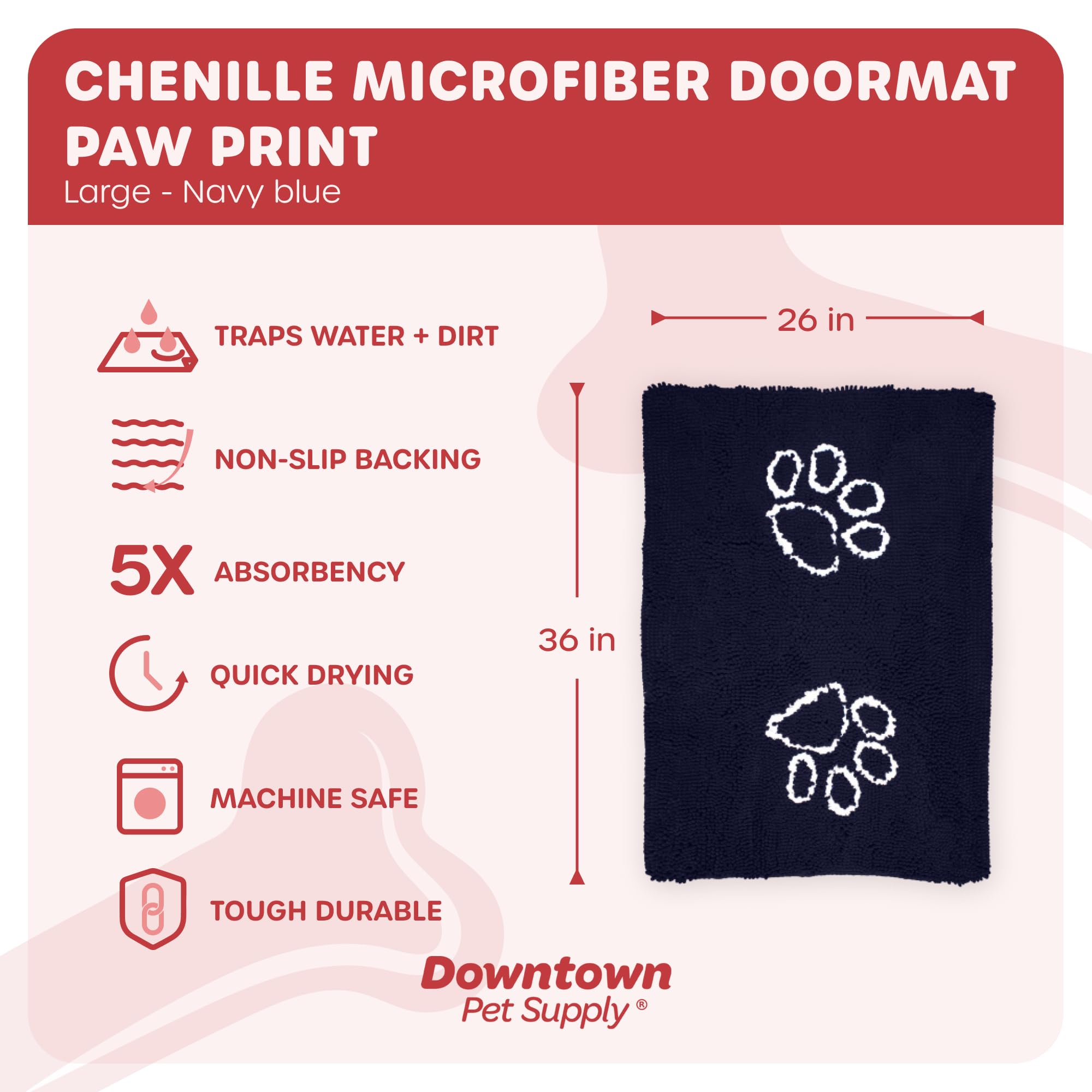 My Doggy Place Microfiber Dog Mat for Muddy Paws, 36" x 26" Navy Blue with Paw Print - Absorbent and Quick-Drying Dog Paw Cleaning Mat, Washer and Dryer Safe - Non-Slip Rubber Backed Pet Mat, Large