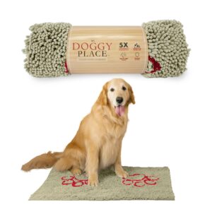 my doggy place microfiber dog mat for muddy paws, 36" x 26" oatmeal with paw print - absorbent and quick-drying dog paw cleaning mat, washer and dryer safe - non-slip rubber backed pet mat, large