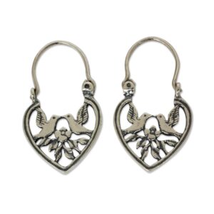 NOVICA Artisan Handmade Sterling Silver Hoop Earrings Heart Shaped with Birds Flowers No Stone Mexico Animal Themed Floral [1.2 in L x 0.7 in W] ' Love on The Wing'