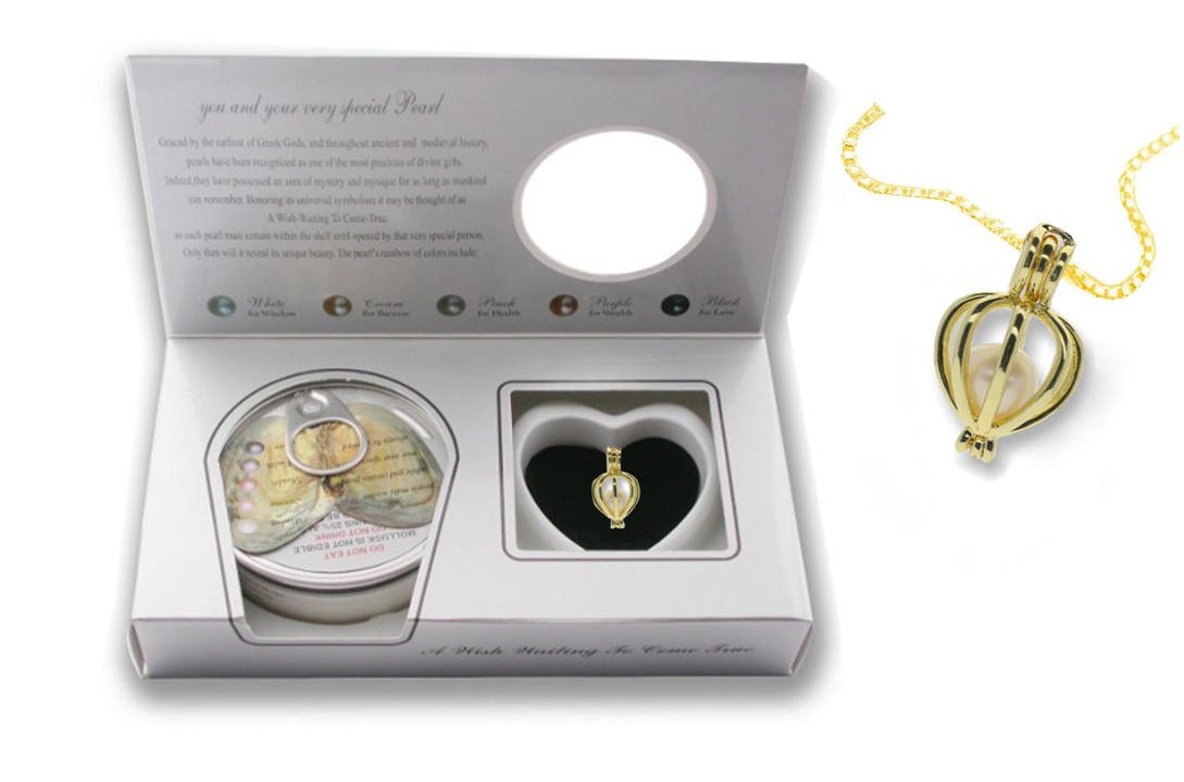 Pearlina Cultured Wish Pearl in Oyster Necklace Set Gold Plated Cage Locket w/ Stainless Steel Chain 18"