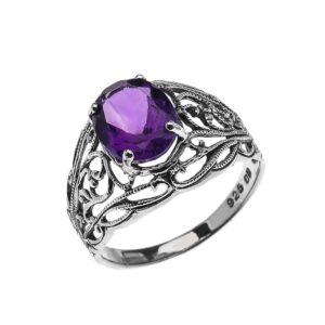 gemstone rings sterling silver modern filigree design genuine amethyst ladies ring(size 7)