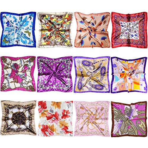 LilMents 12 Mixed Designs Small Square Satin Womens Neck Head Scarf Scarves Bundle Lot Set (Set I)