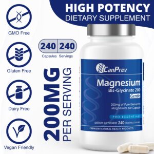 CanPrev Magnesium Bisglycinate (240 Count (Pack of 1), 200mg - Gentle)