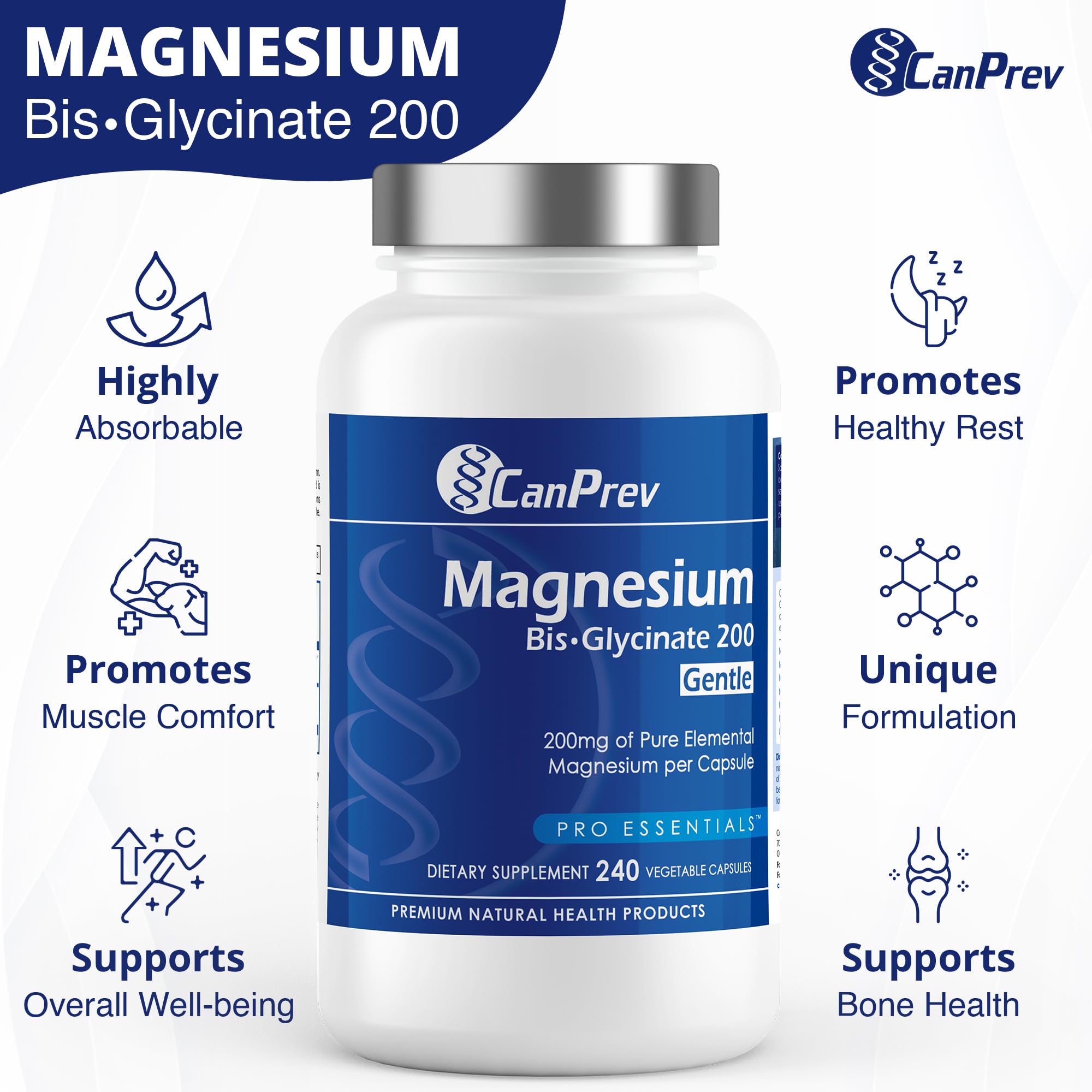 CanPrev Magnesium Bisglycinate (240 Count (Pack of 1), 200mg - Gentle)