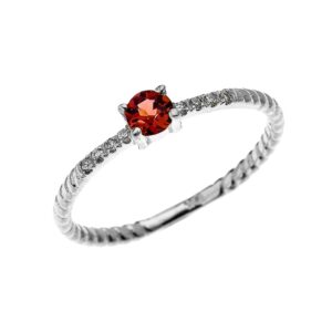 10k white gold dainty solitaire garnet and diamond rope design engagement/proposal/stackable ring (size 6.5)