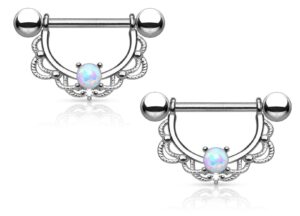 pierced owl 14ga stainless steel synthetic opal centered filigree drop nipple rings, sold as a pair (silver tone)