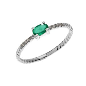 Dainty 10k White Gold Diamond and Solitaire Oval Emerald Rope Design Stackable/Proposal Ring(Size 12)