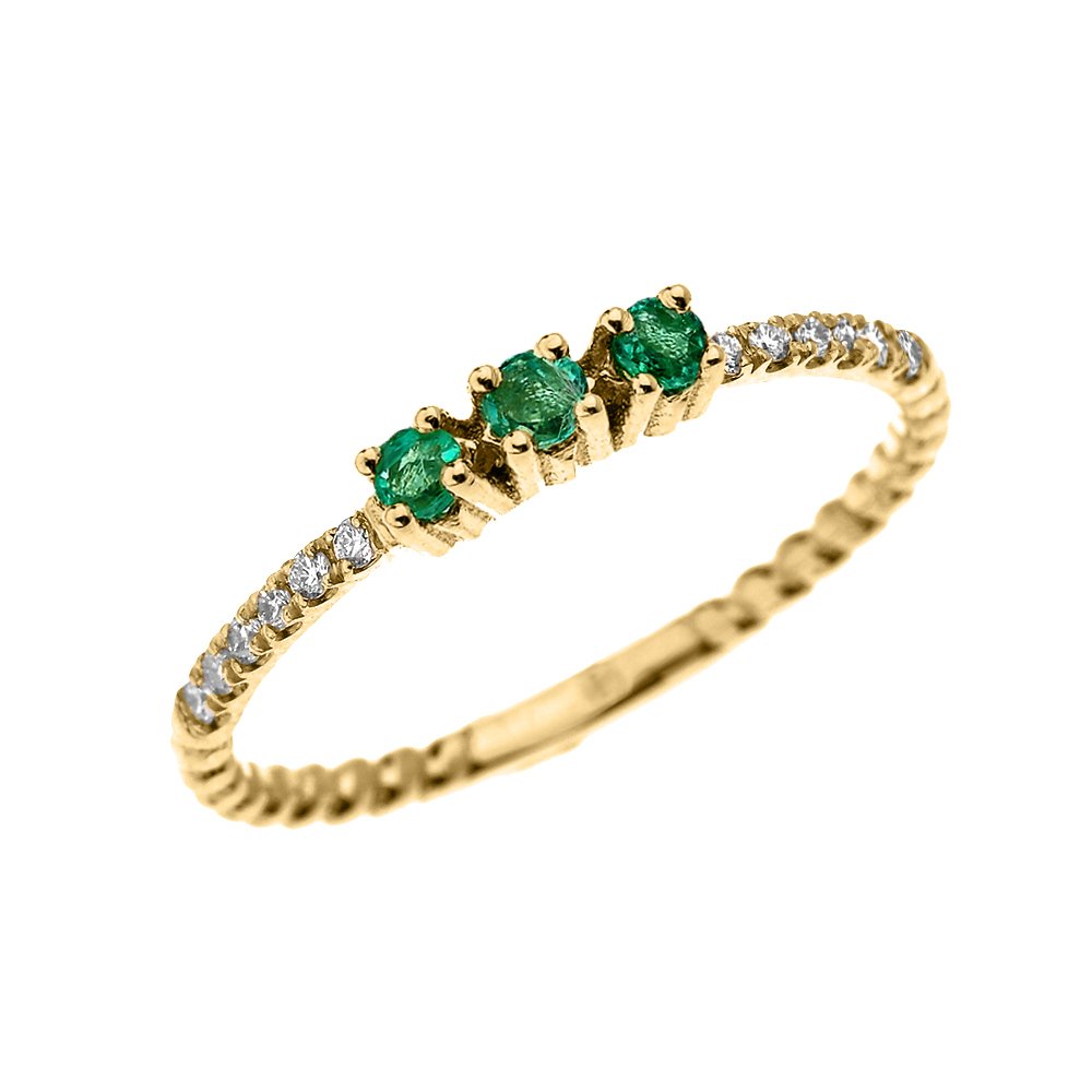 14k Yellow Gold Three Stone Round Emerald and Diamond Dainty Rope Design Ring (Size 6)