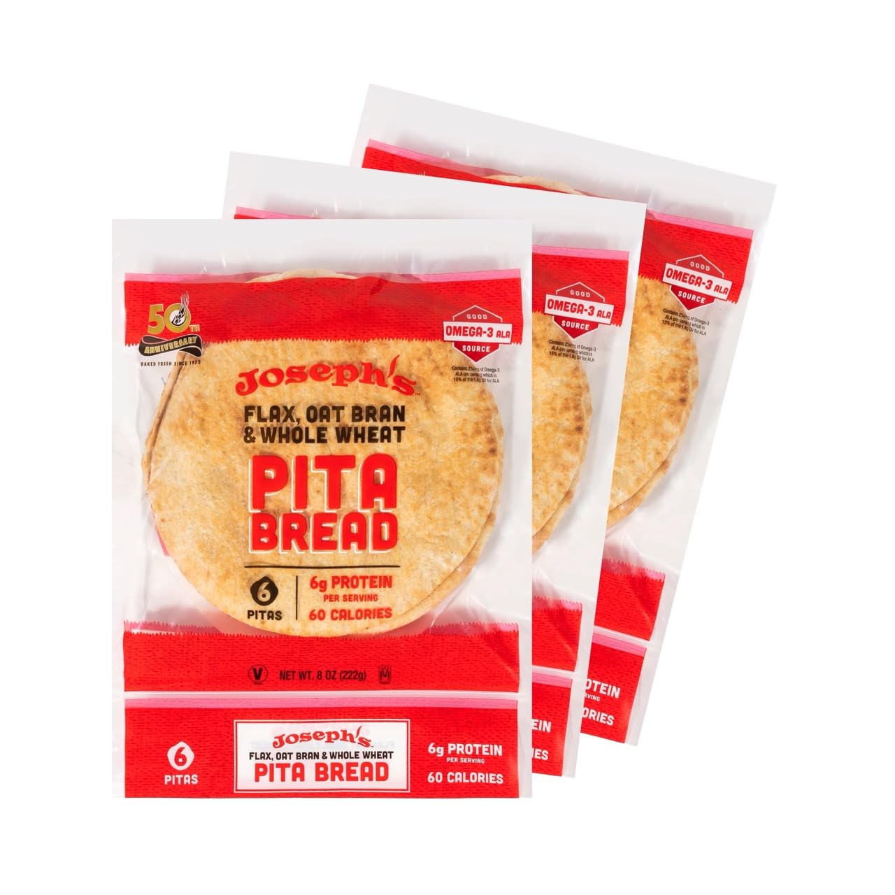 Flax Pita 3 Pack - Joseph's Pita Bread Value 3-Pack, Flax Oat Bran and Whole Wheat, 7g Carbs per Serving, Fresh Baked (6 per Pack, 18 Pitas Total)