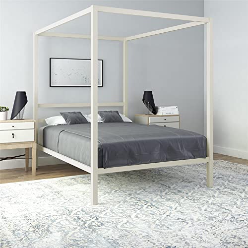 DHP Modern Metal Canopy Platform Bed with Minimalist Headboard and Four Poster Design, Underbed Storage Space, No Box Spring Needed, Full, White