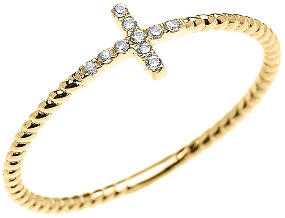 14K Yellow Gold Diamond Accented Sideways Cross Rope Design Statement Ring (K-M Color) - Size 7-1/4