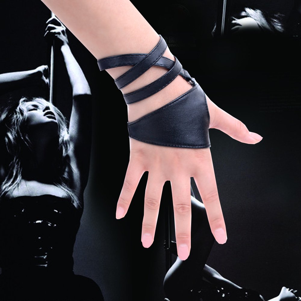 JISEN Women Half Palm Fingerless PU Leather Night Bar Band Up Punk Gloves Black