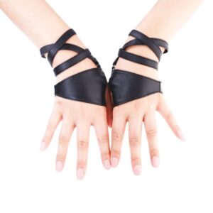 JISEN Women Half Palm Fingerless PU Leather Night Bar Band Up Punk Gloves Black