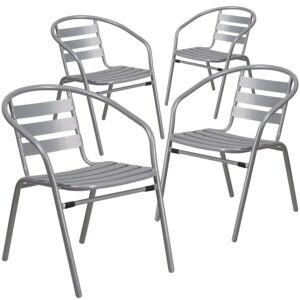 Flash Furniture Lila 4 Pack Silver Metal Restaurant Stack Chair with Aluminum Slats