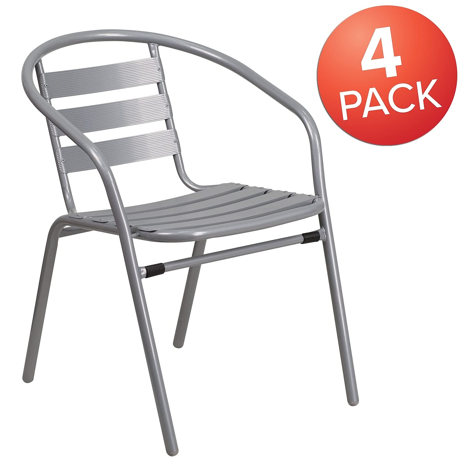 Flash Furniture Lila 4 Pack Silver Metal Restaurant Stack Chair with Aluminum Slats