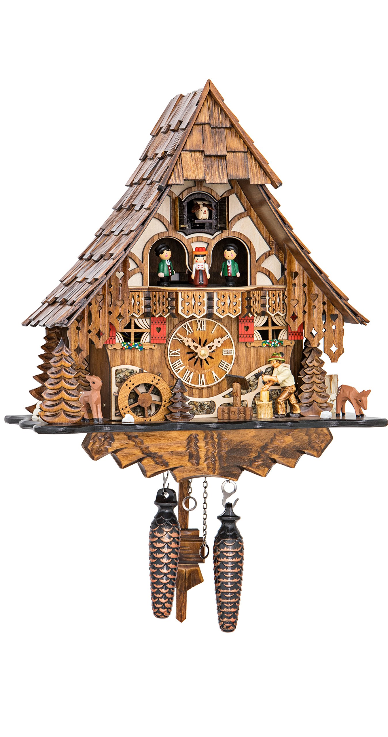 Engstler Quartz Cuckoo Clock Black Forest house with moving wood chopper and mill wheel, with music EN 4661 QMT