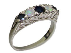 925 sterling silver natural sapphire and opal womens anniversary ring - size 7.25