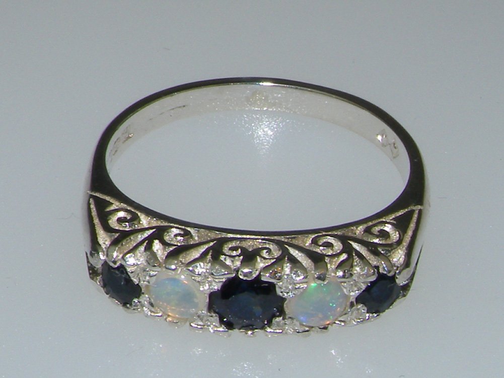 925 Sterling Silver Natural Sapphire and Opal Womens Anniversary Ring - Size 7.25