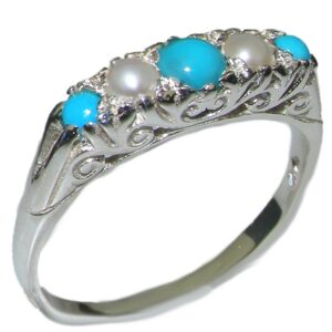 925 Sterling Silver Natural Turquoise and Cultured Pearl Womens Band Ring - Size 7.75