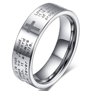 Fashion Month Womens 4mm Tungsten Carbide White Ring Engraved English Bible Verses About Love Cross Band for Her Size 4.5