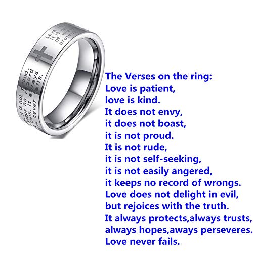 Fashion Month Womens 4mm Tungsten Carbide White Ring Engraved English Bible Verses About Love Cross Band for Her Size 4.5