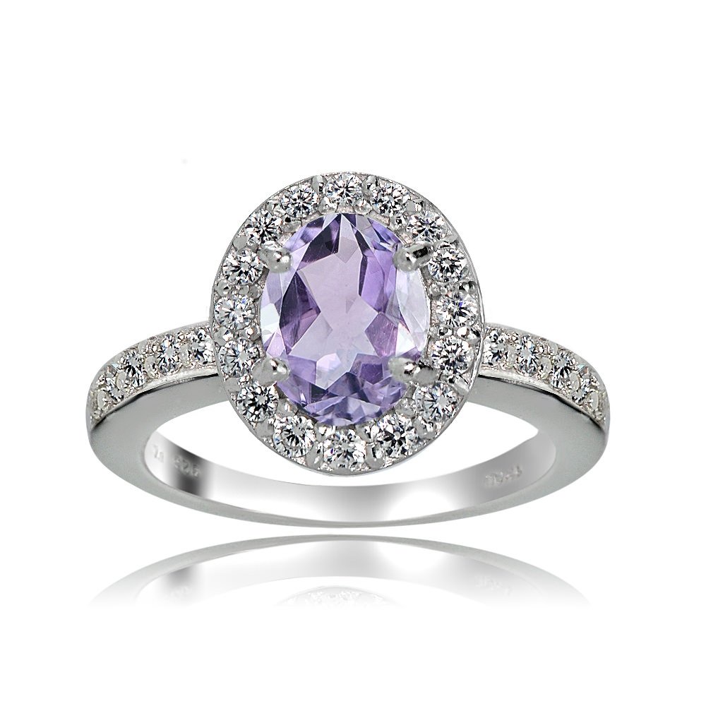 Ice Gems Sterling Silver Amethyst and White Topaz Oval Halo Ring