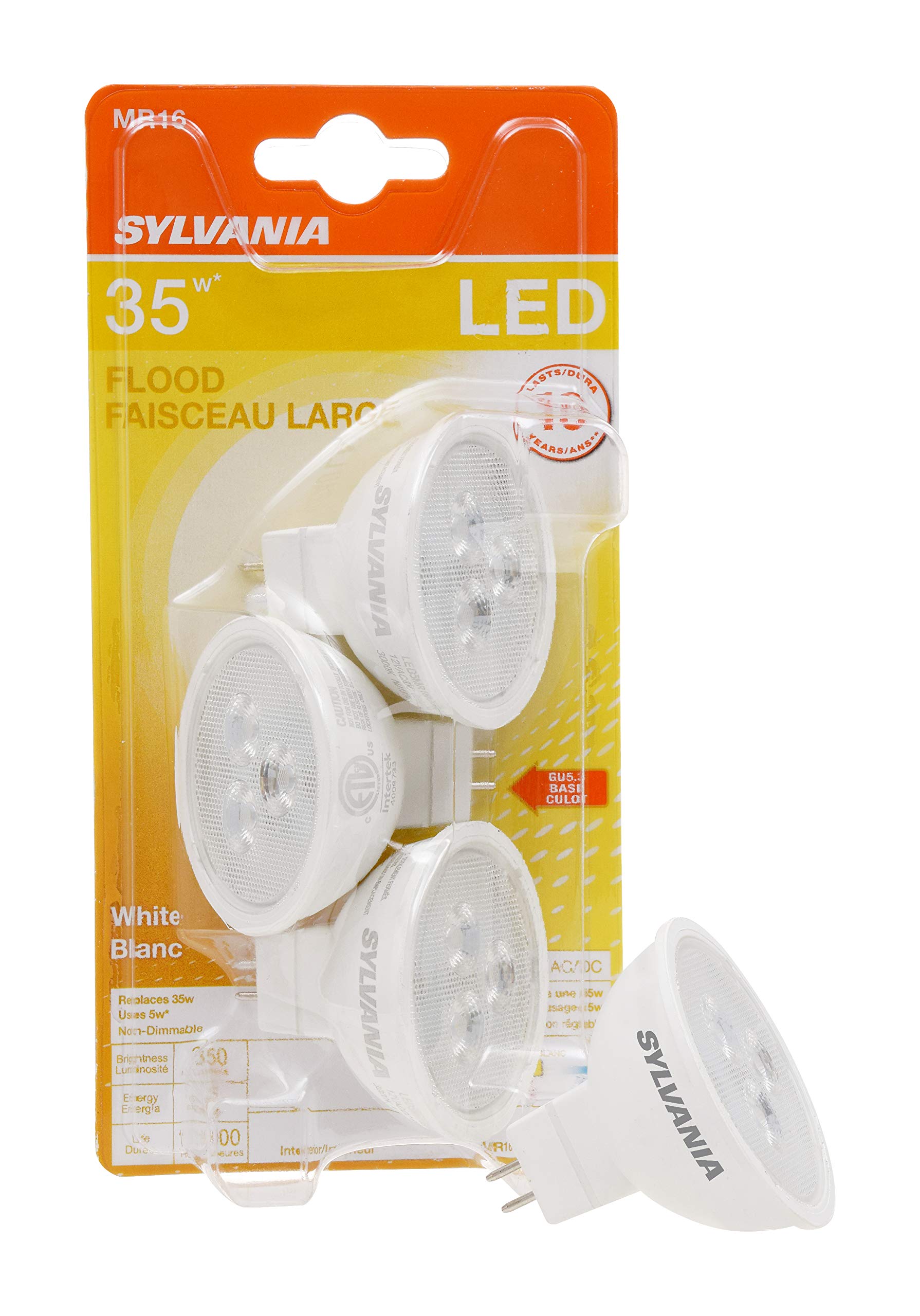 SYLVANIA MR16 LED Flood and Spot Light Bulb, 5W, 35W Equivalent, Non-Dimmable, 350 Lumens, 3000K, White - 3 Pack (79129)