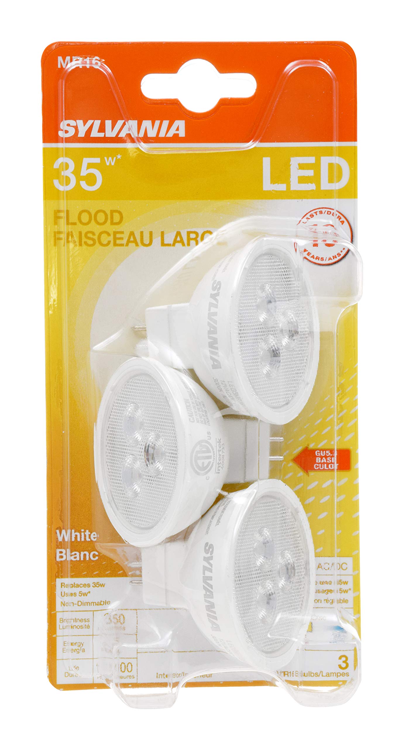 SYLVANIA MR16 LED Flood and Spot Light Bulb, 5W, 35W Equivalent, Non-Dimmable, 350 Lumens, 3000K, White - 3 Pack (79129)