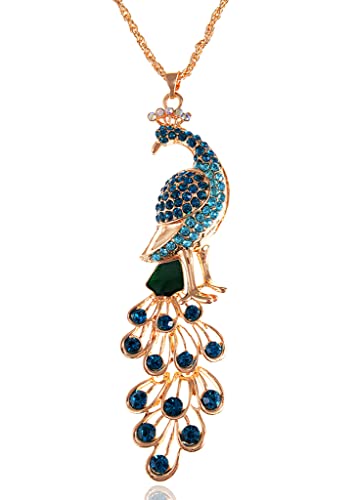 Alilang Golden Tone Blue Green Colored Rhinestone Peacock Bird Pendant Chain Necklace