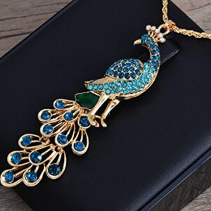 Alilang Golden Tone Blue Green Colored Rhinestone Peacock Bird Pendant Chain Necklace