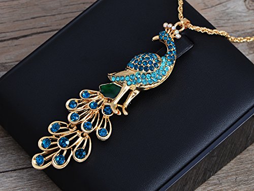 Alilang Golden Tone Blue Green Colored Rhinestone Peacock Bird Pendant Chain Necklace