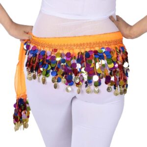 ZLTdream Belly Dance Color Sequin Film Gong Hip Scarf Skirt With Gold Coins For Women Belly Dancer Costume Chiffon Orange