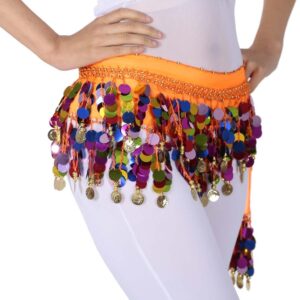 ZLTdream Belly Dance Color Sequin Film Gong Hip Scarf Skirt With Gold Coins For Women Belly Dancer Costume Chiffon Orange