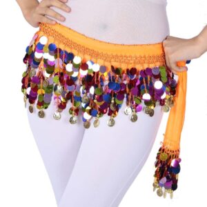 ZLTdream Belly Dance Color Sequin Film Gong Hip Scarf Skirt With Gold Coins For Women Belly Dancer Costume Chiffon Orange