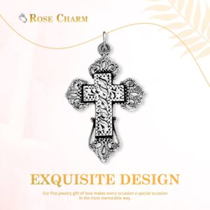 RoseCharm Cross Necklace, Stainless Sterling Silver, Stunning & Charmful Pendants, Faith & Elegance, Religious Gifts for Men & Women, Textured Surface, 39.1mm Length and 23.5mm Thickness