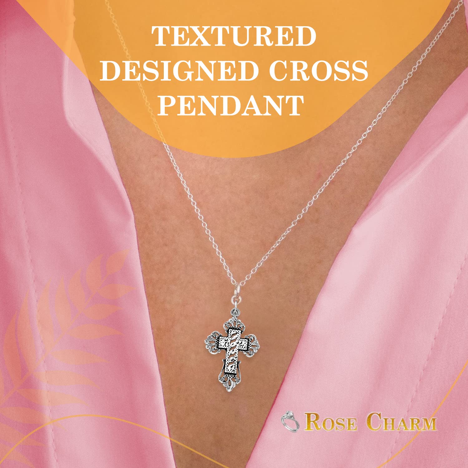 RoseCharm Cross Necklace, Stainless Sterling Silver, Stunning & Charmful Pendants, Faith & Elegance, Religious Gifts for Men & Women, Textured Surface, 39.1mm Length and 23.5mm Thickness