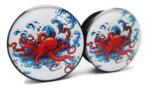 red octopus ear plugs - acrylic screw-on - 10 sizes - brand newpair (13/16" (20mm))