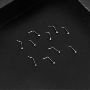 Charisma Small Nose Studs Stainless Steel Curved Nose Stud Bend L Shape Nose Ring Screw Piercing Jewelry Tiny Bone Studs for Women Men Hypoallergenic 20G (10pcs,Clear CZ, L-shape,1.8mm)