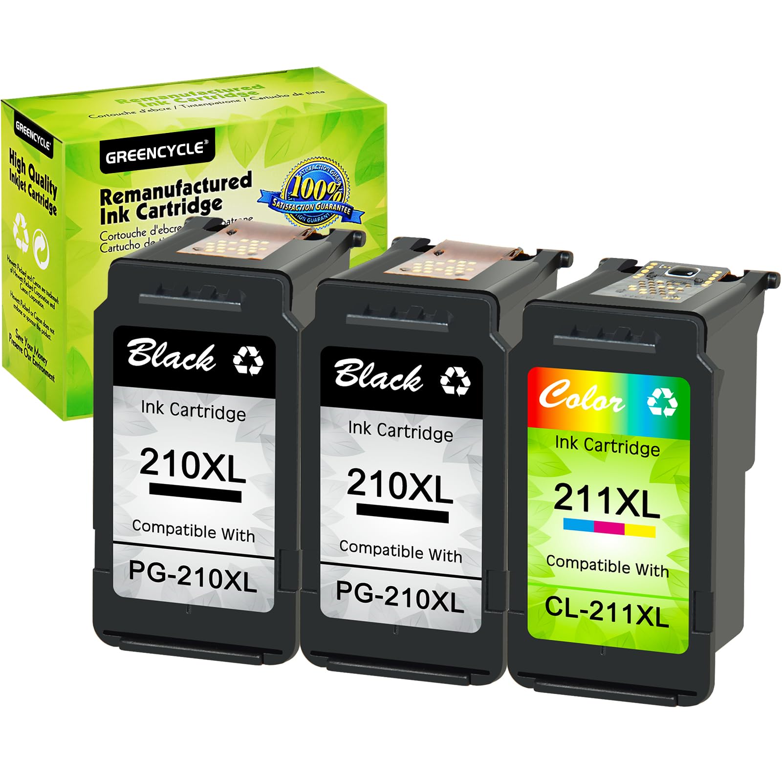 greencycle Re-Manufactured PG210 210XL PG210XL CL-211XL 211XL Ink Cartridge Compatible for Canon PIXMA iP2700 MP230 MP480 MP490 MX350 MX360 MX410 MX420 Printers (Black, 2 Pack; Tri-Color, 1 Pack)