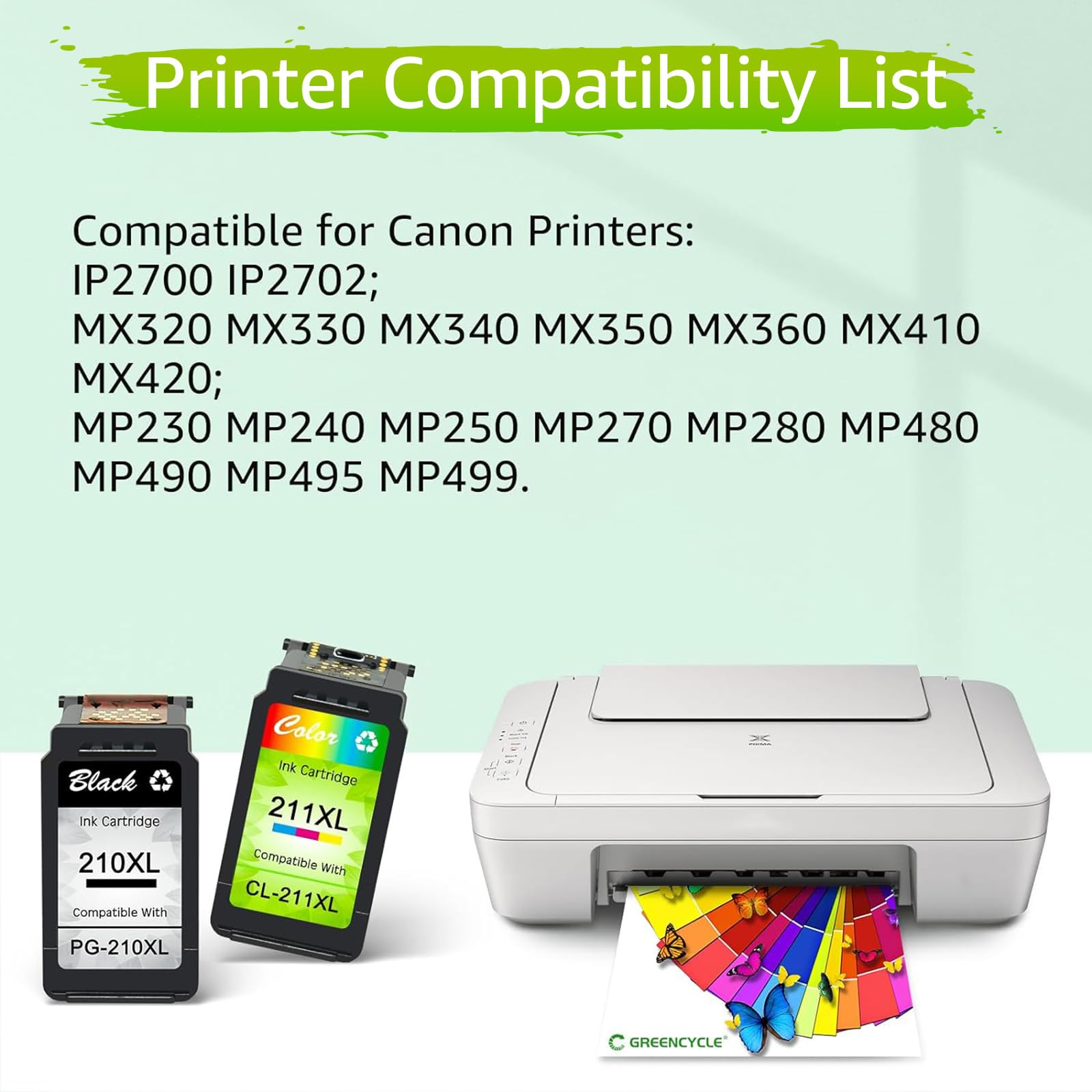 greencycle Re-Manufactured PG210 210XL PG210XL CL-211XL 211XL Ink Cartridge Compatible for Canon PIXMA iP2700 MP230 MP480 MP490 MX350 MX360 MX410 MX420 Printers (Black, 2 Pack; Tri-Color, 1 Pack)