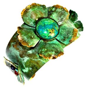 elaine coyne collectible artwear verdigris patina sculptural floral cuff bracelet - chrysocolla