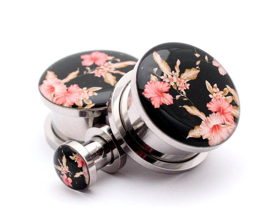 Mystic Metals Body Jewelry Screw on Plugs - Vintage Floral Style 5 Picture Plugs - Sold As a Pair (8g (3mm))