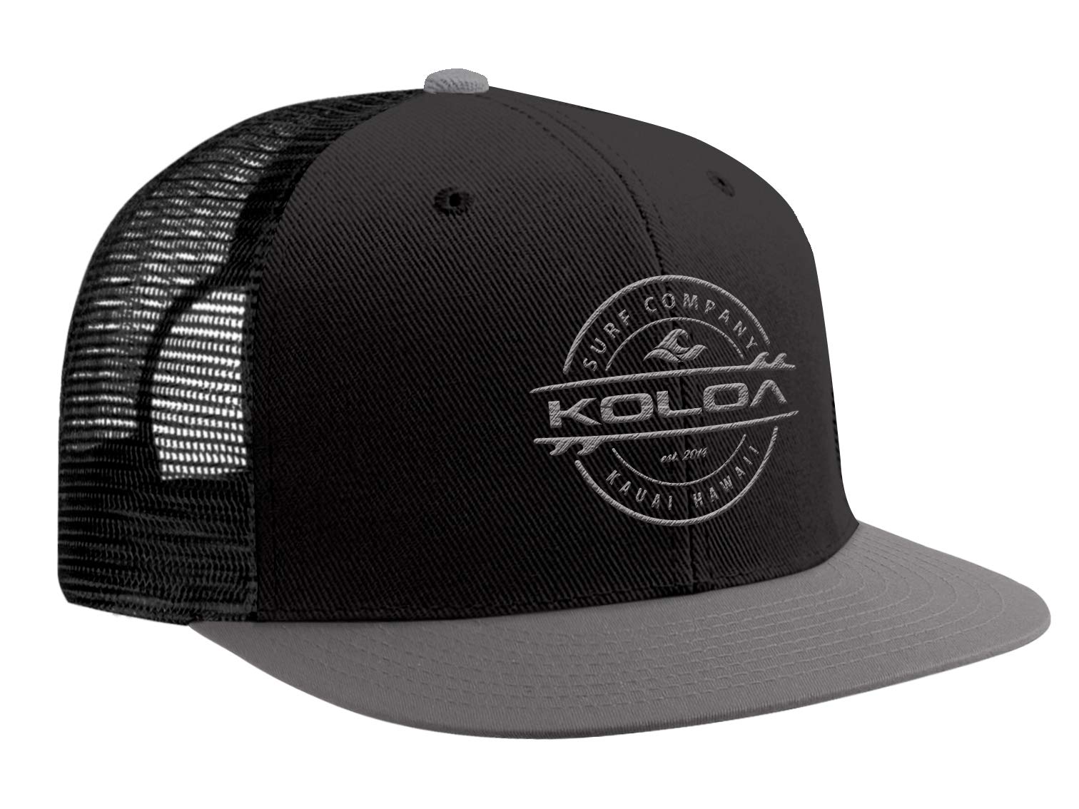 Joe's USA Koloa Surf Thruster Logo Mesh Back Trucker Hat in Black/Grey with Grey Logo