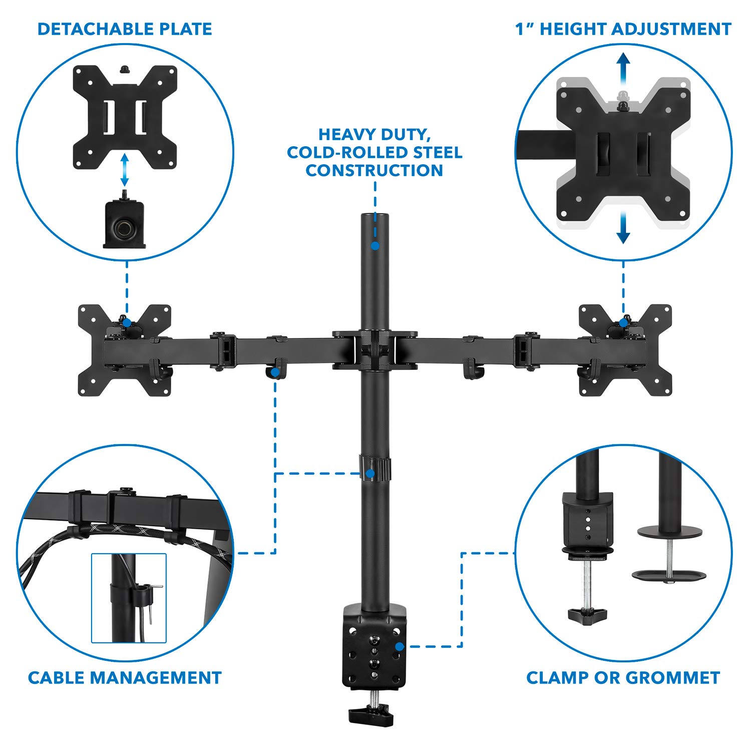 Mount-It! Dual Monitor Mount | Double Monitor Desk Stand | Two Heavy Duty Full Motion Adjustable Arms Fit 2 Computer Screens 17 19 20 21 22 24 27 Inch | VESA 75 100 | C-Clamp and Grommet Base